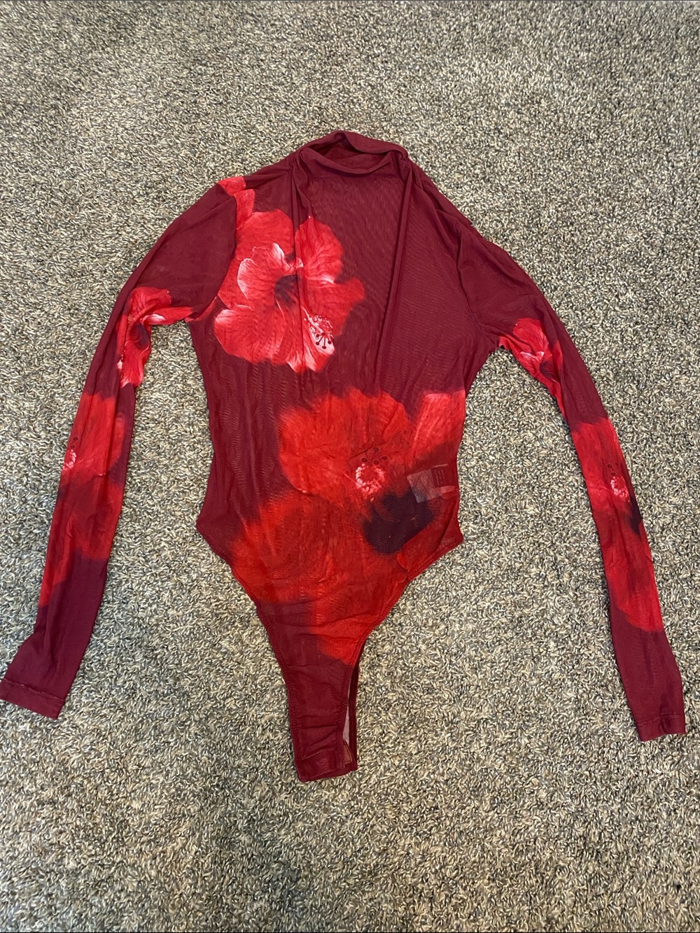 SHEIN BAE Red Floral Mesh High Neck Long Sleeve Bodysuit
